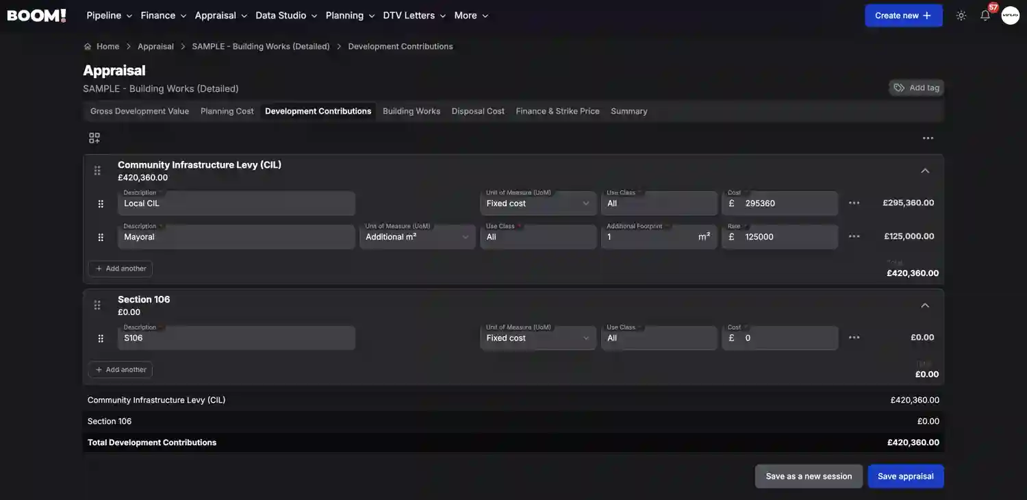 BOOM! Appraisal Development Contributions screenshot dark