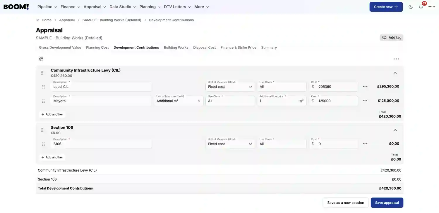 BOOM! Appraisal Development Contributions screenshot light