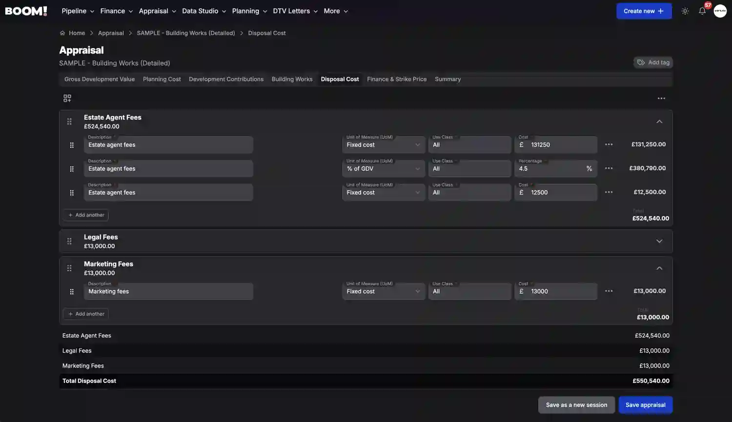 BOOM! Appraisal Disposal Costs screenshot dark