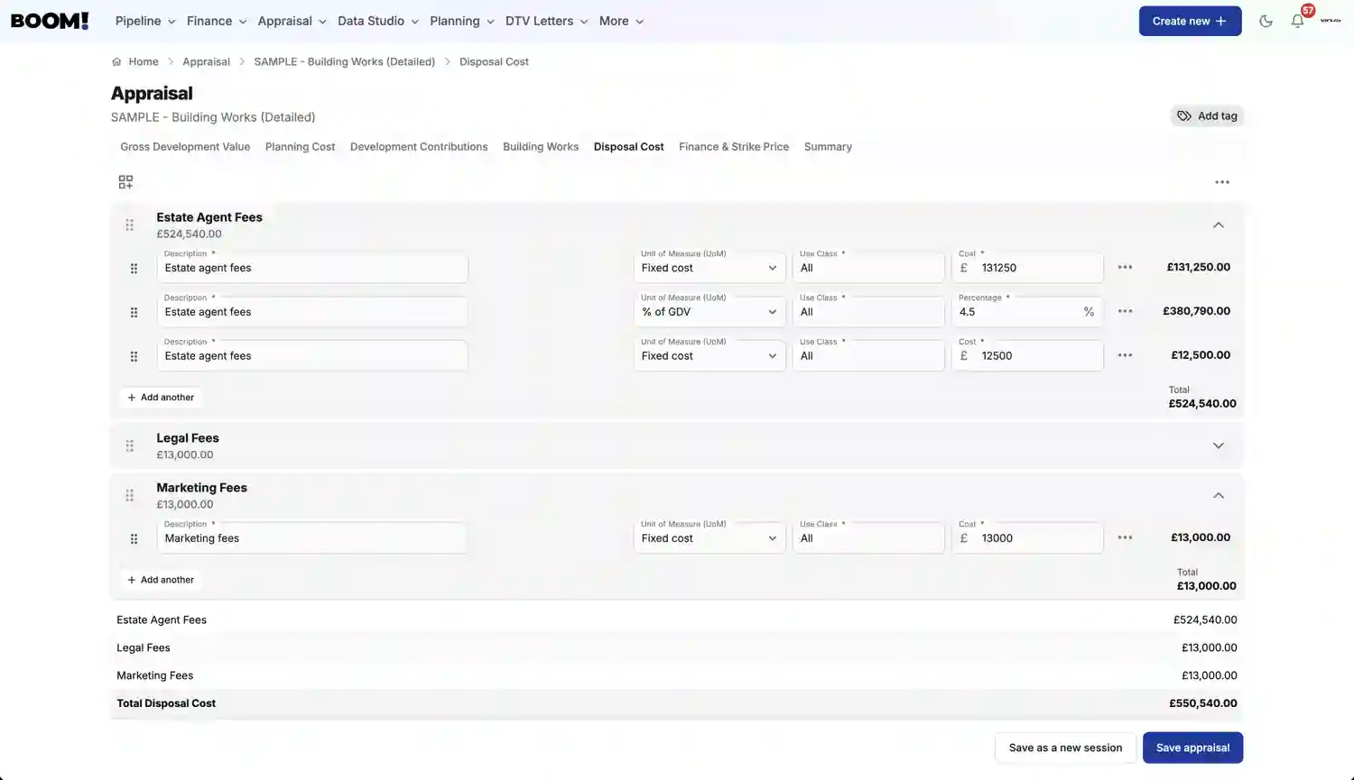 BOOM! Appraisal Disposal Costs screenshot light