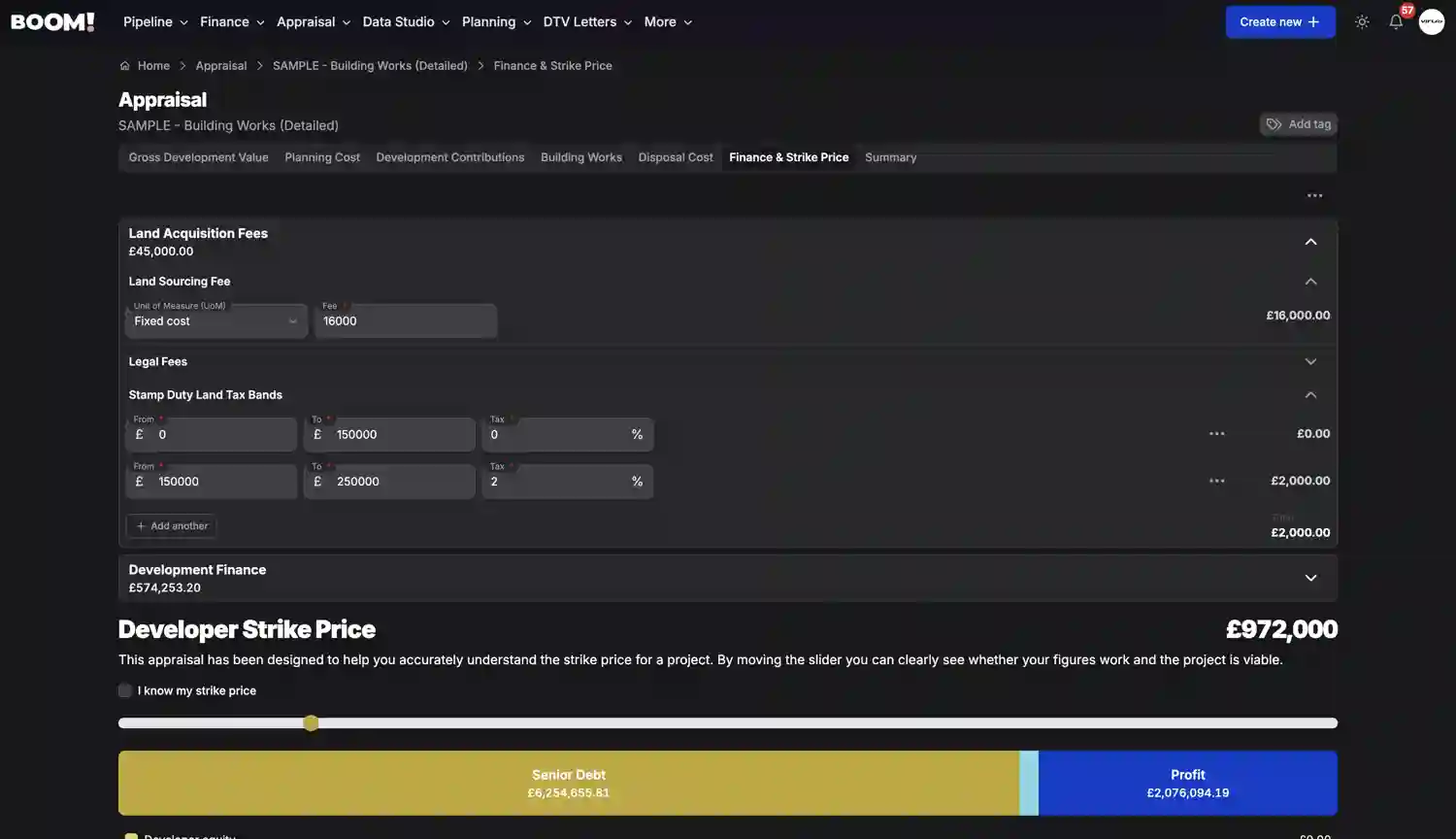 BOOM! Appraisal Finance Costs screenshot dark