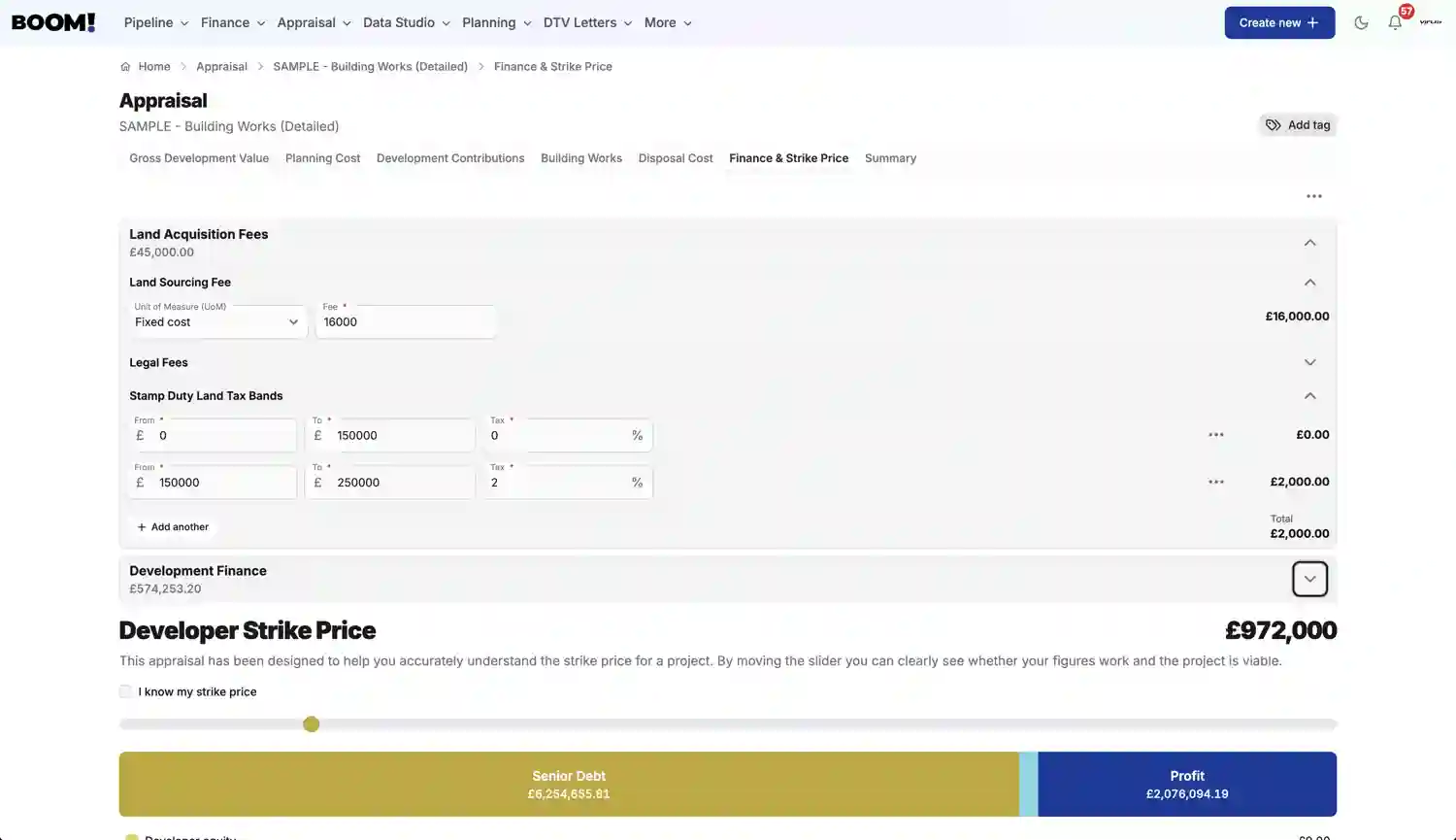 BOOM! Appraisal Finance Costs screenshot light