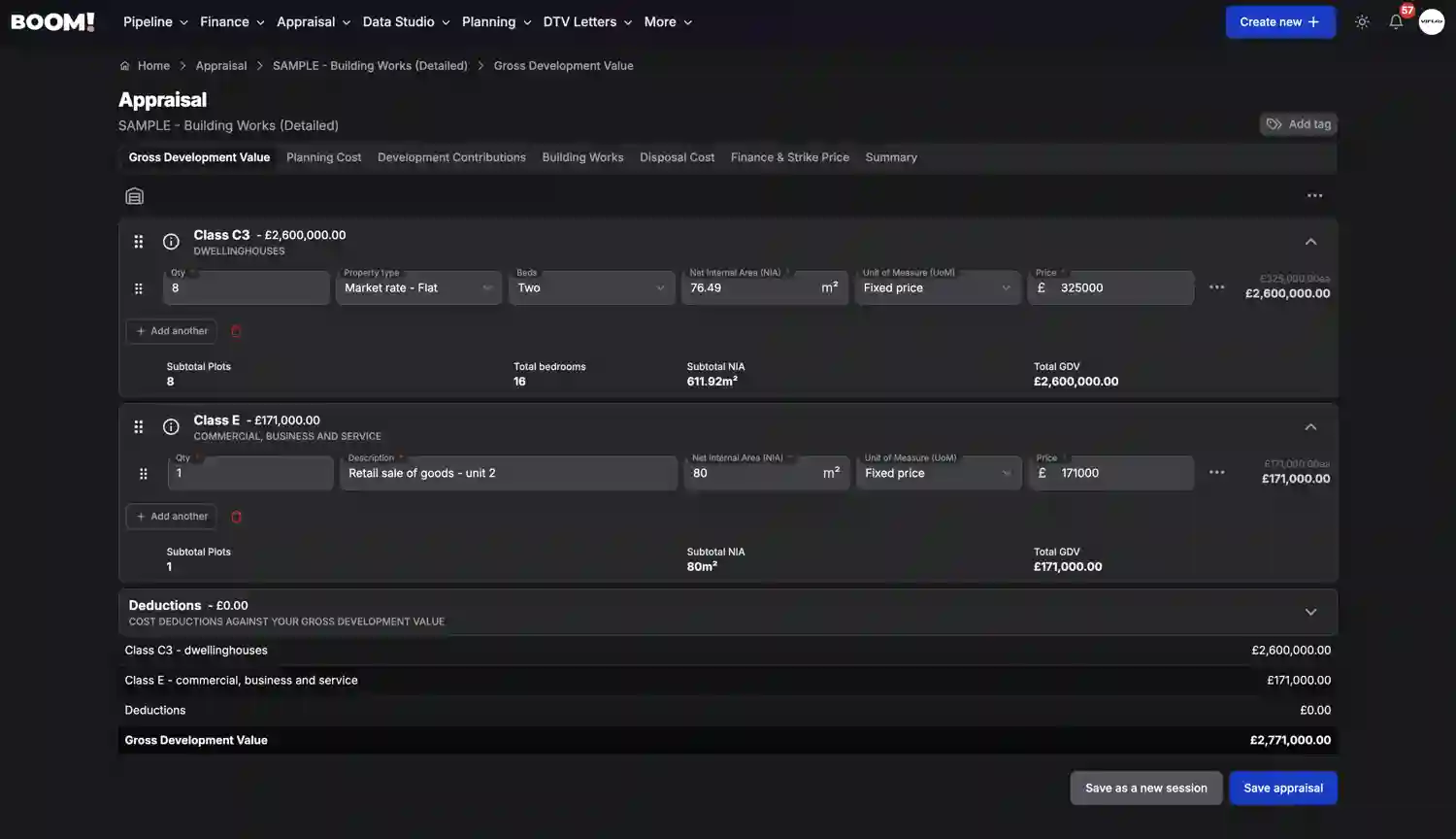 BOOM! Appraisal Gross Development Value screenshot dark
