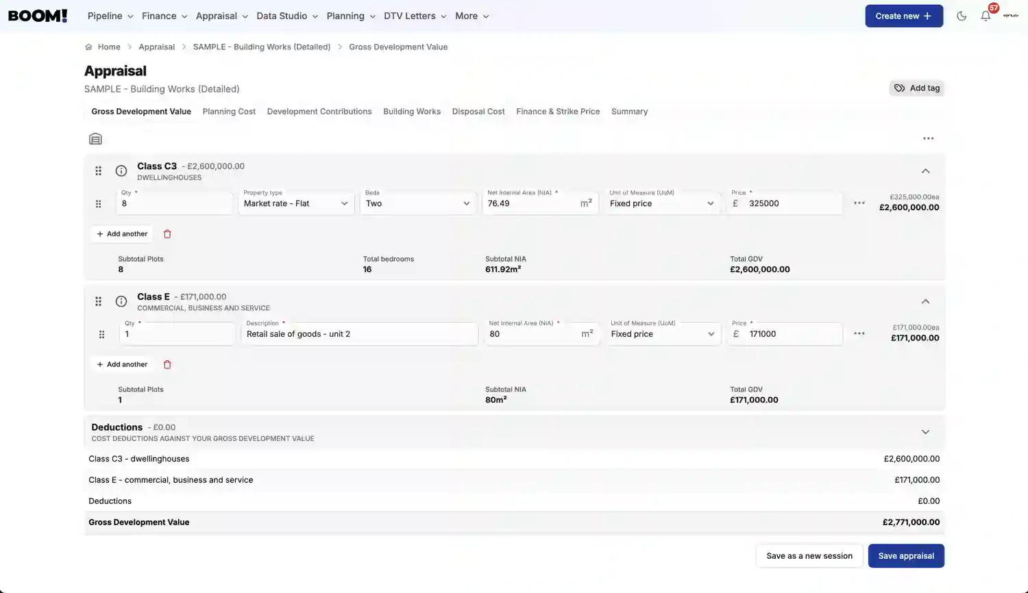 BOOM! Appraisal Gross Development Value screenshot light