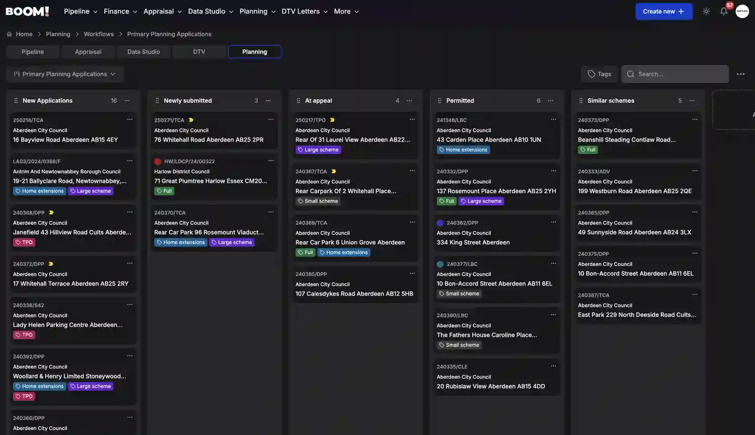 BOOM! Planning Listings screenshot dark