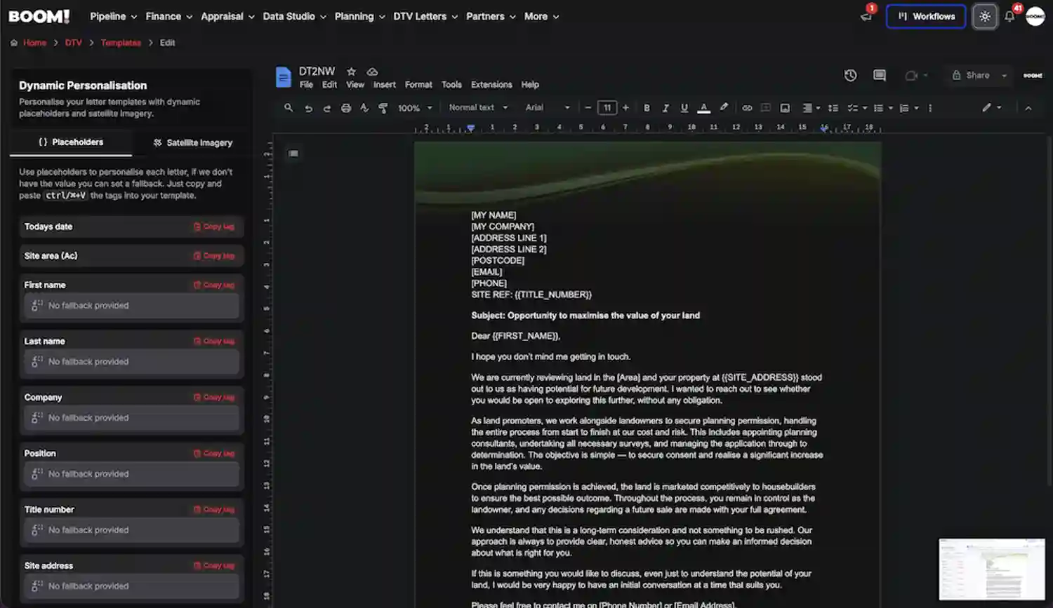 BOOM! Workflows & DTV Letter screenshot dark